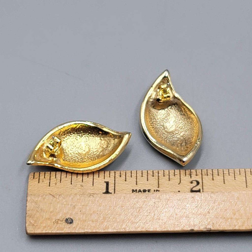 Vintage Green Enamel Pierced Earrings Gold tone Climber 1.25"