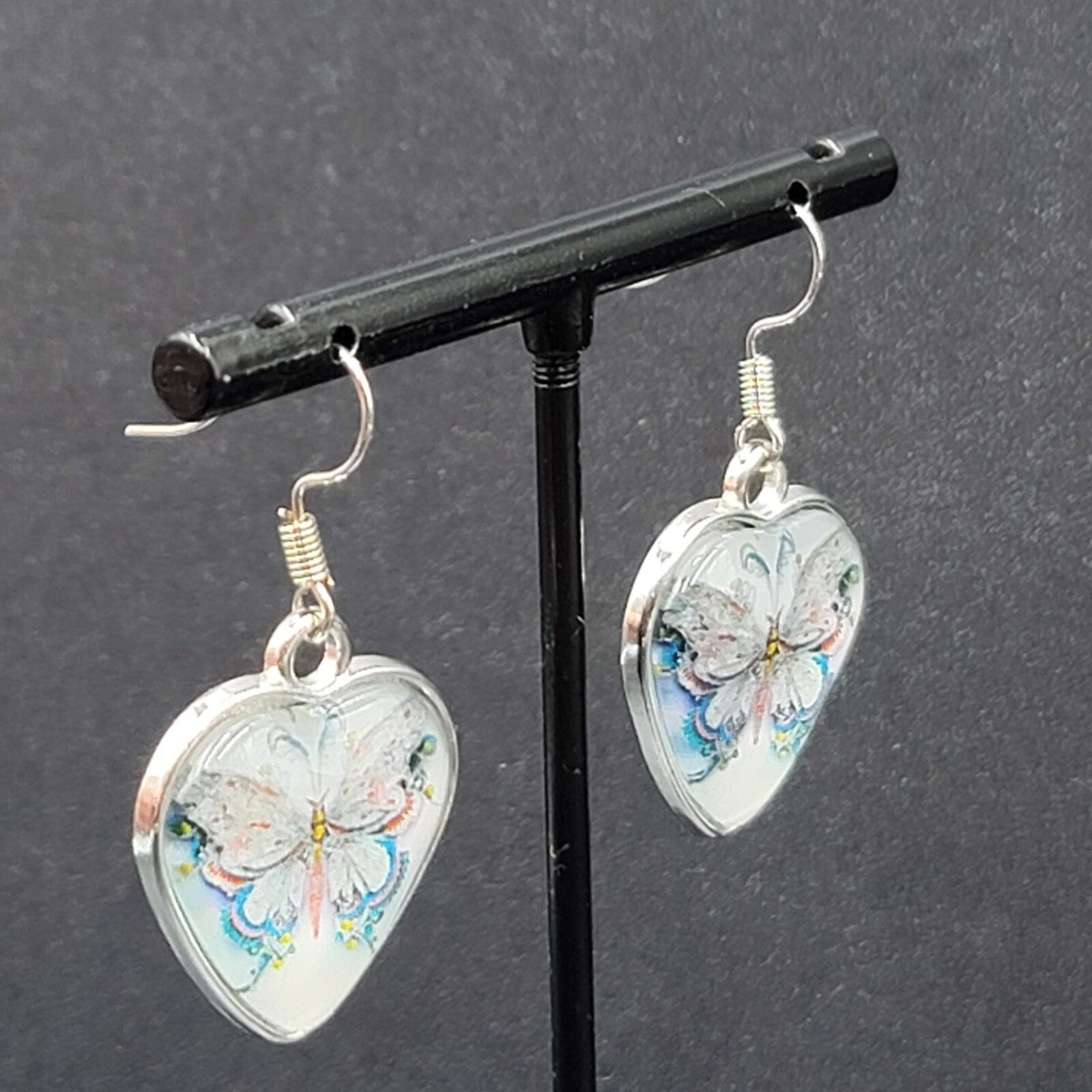 Butterfly Heart Pierced Earrings Silver tone Dangle Glass Cover 1"