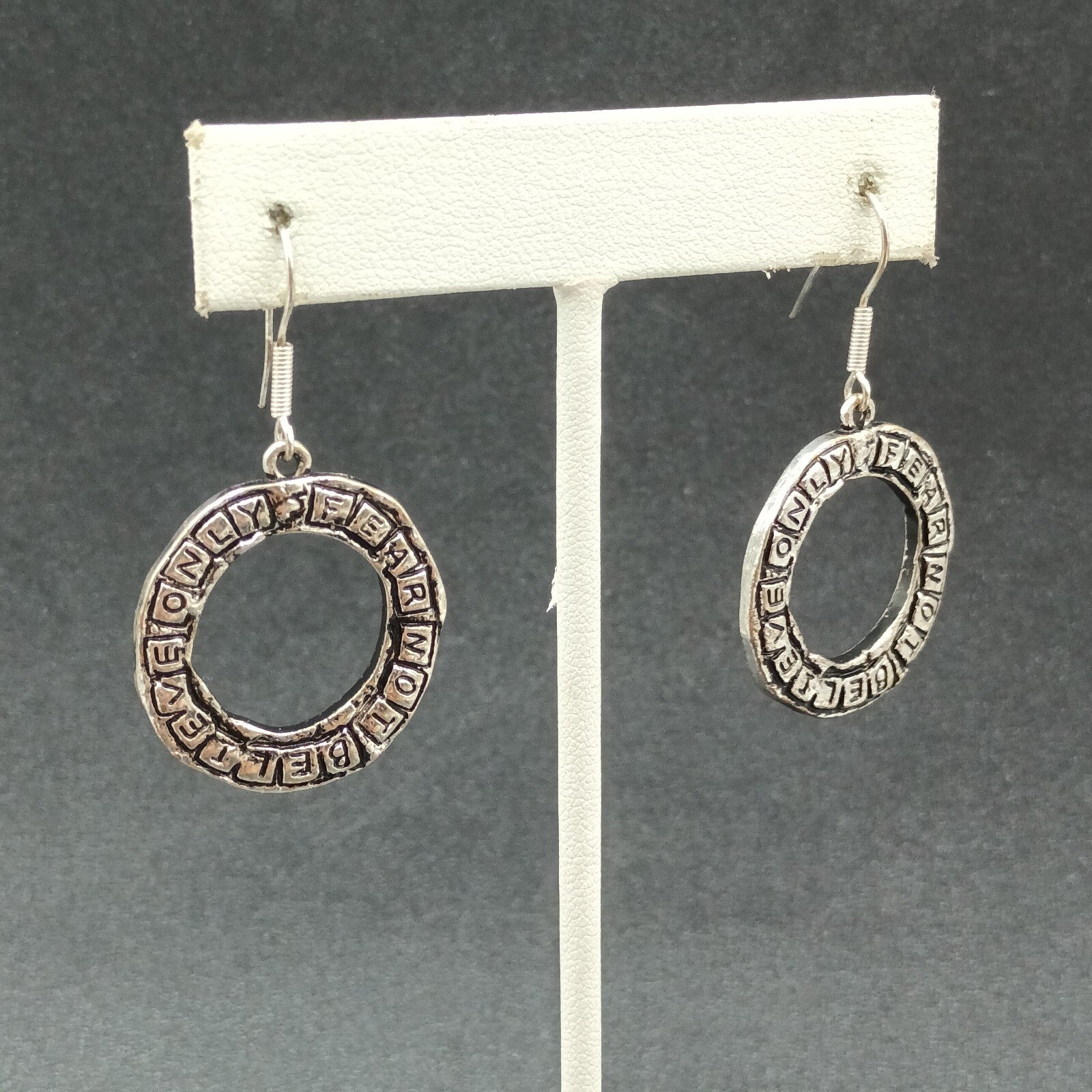 Pierced Earrings Silver tone Inspirational "Believe Only Fear Not" Dangle 1"