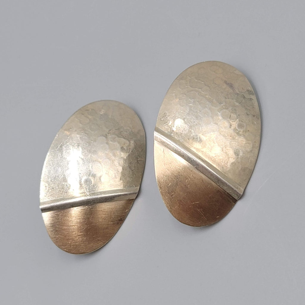 Pierced Earrings Hammered Silver and Gold tones Oval Drop Gold Filled Posts 1.5"