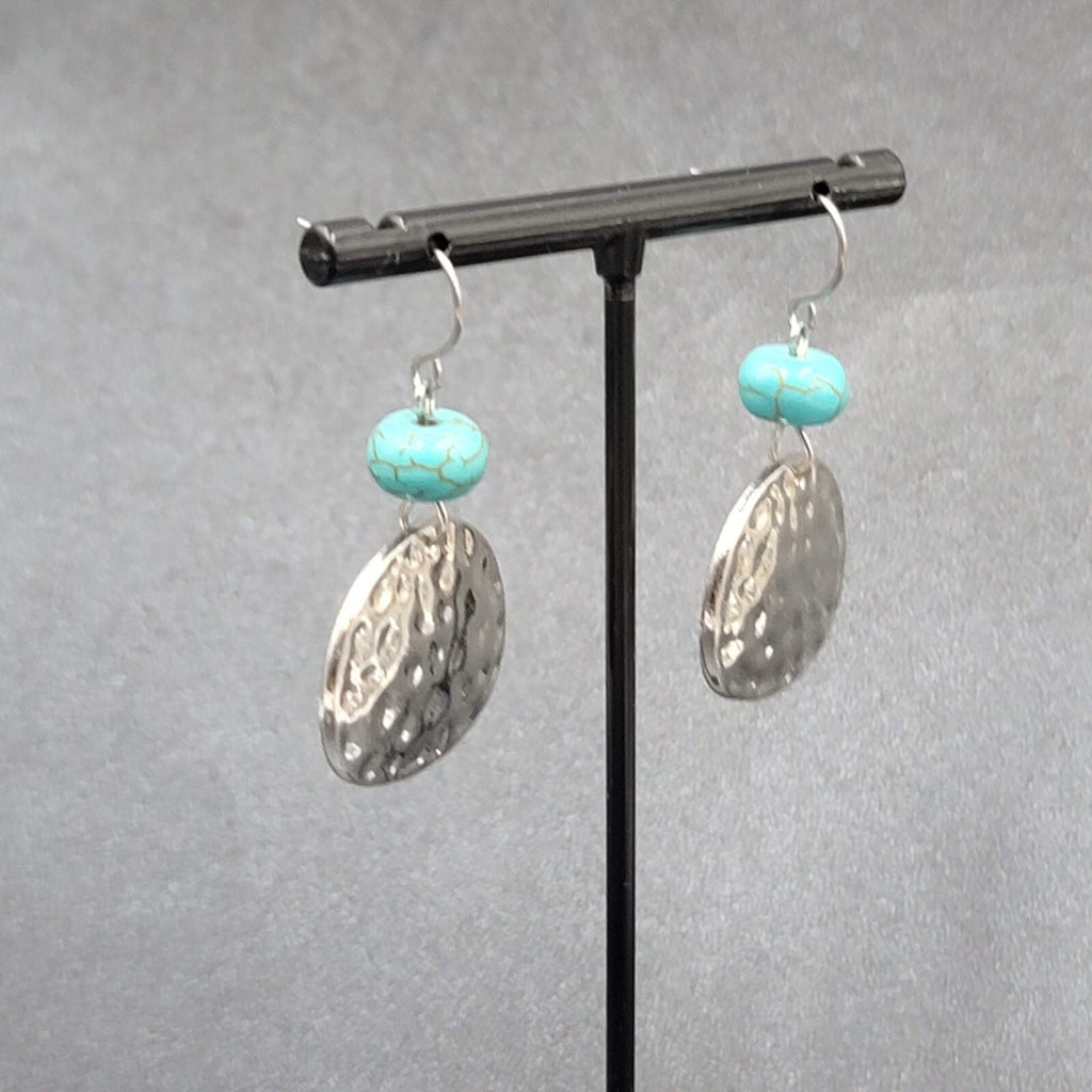 Pierced Earrings Hammered Silver tone Blue Howlite Stone Dangle  1.25"