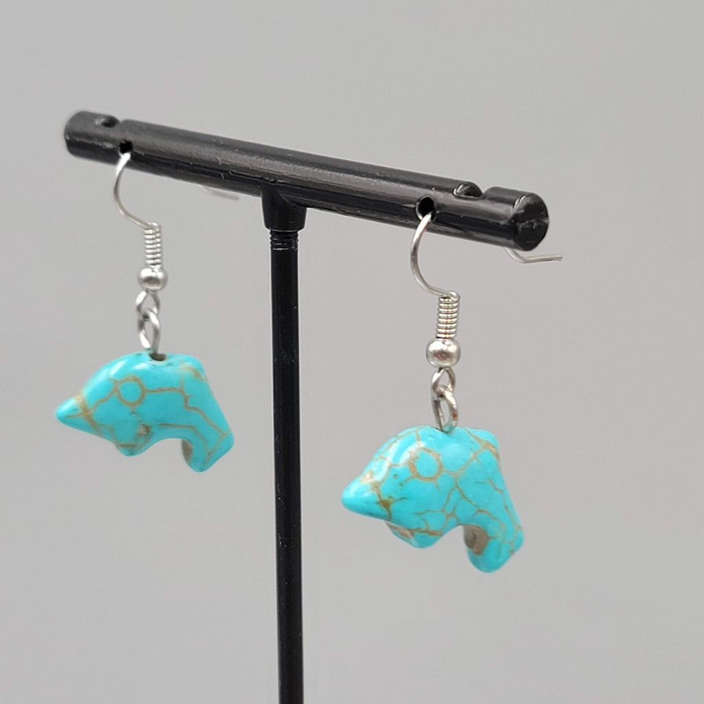 Dolphin Pierced Earrings Blue Howlite Stone Silver tone Dangle 3/4"