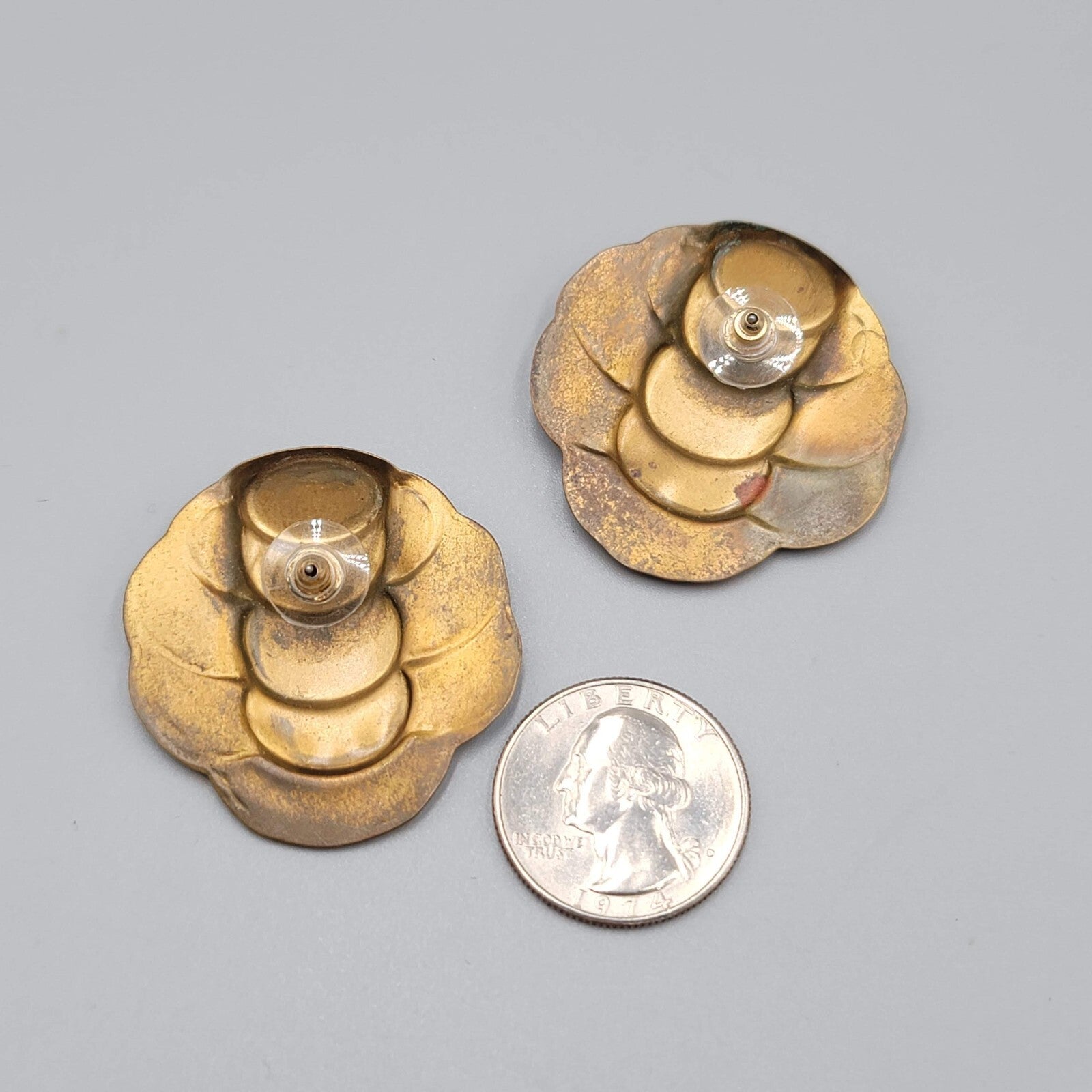 Vintage Artisan Pierced Earrings Patina Embossed Metal Large Statement 1.5"