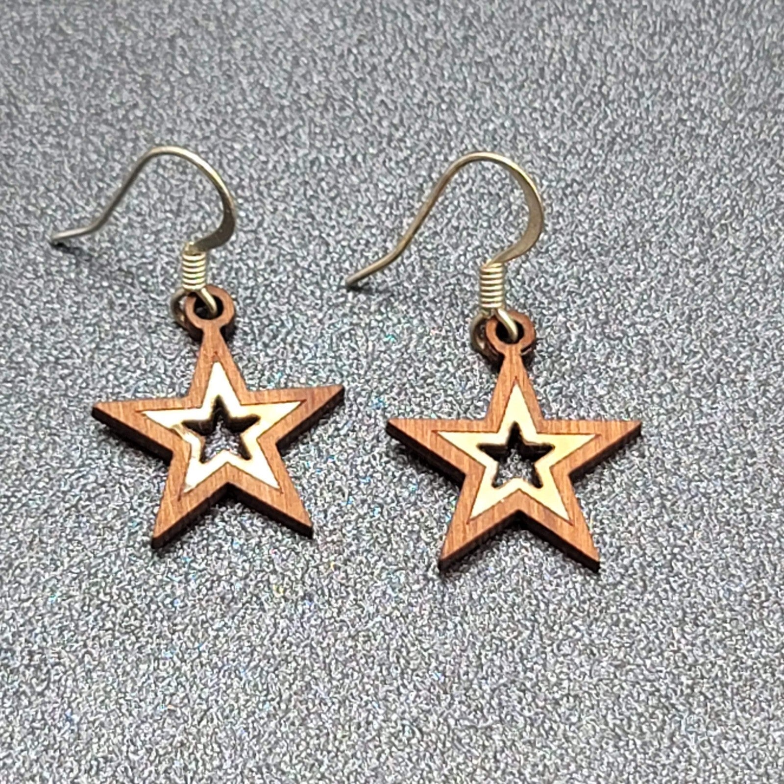 Star Pierced Earrings Wood Dangle 3/4"