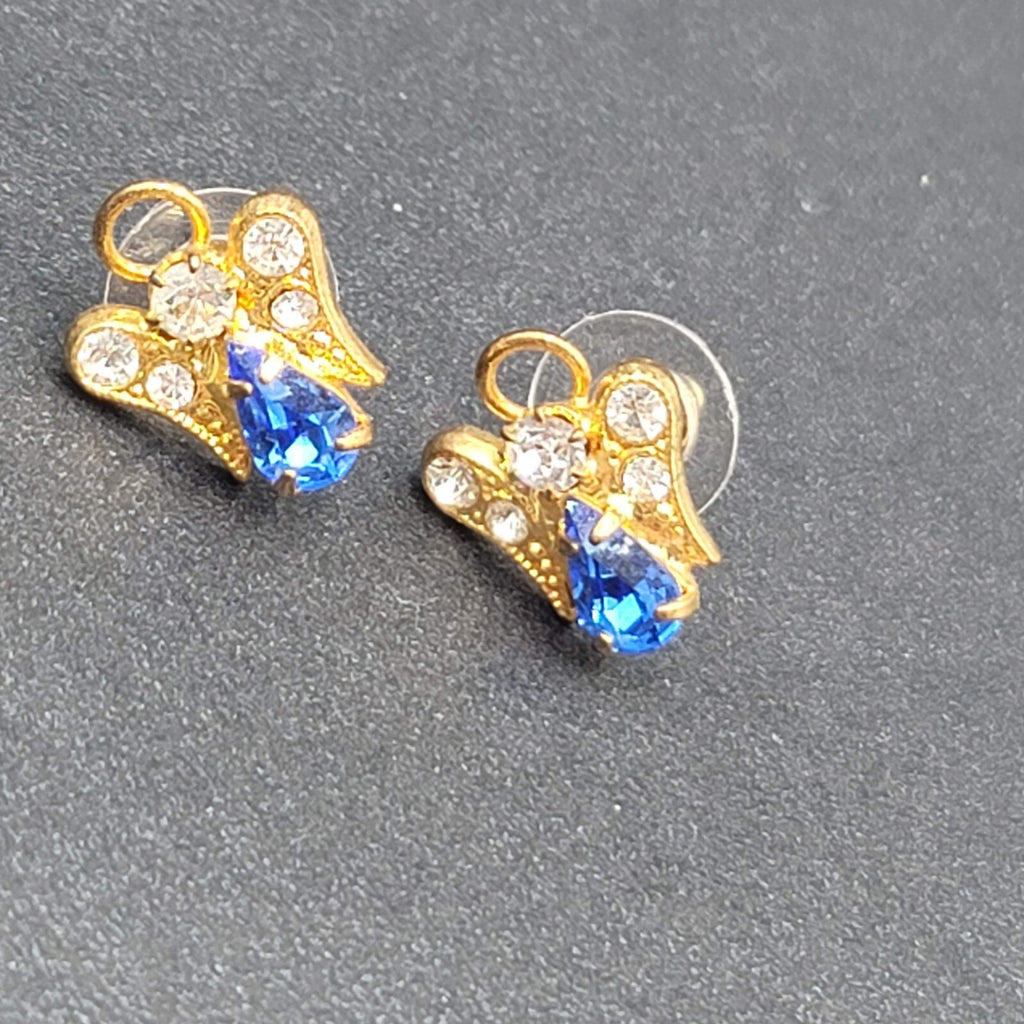 Vintage Pierced Earrings Gold tone Open Angel Blue Crystal Studs 5/8"