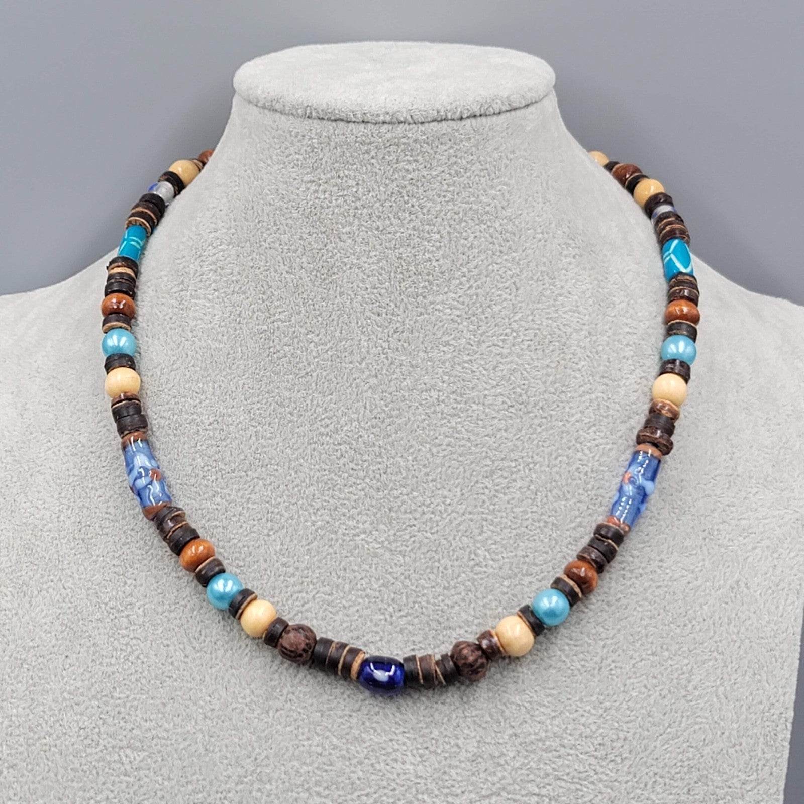 Artisan Beaded Necklace Wood Coconut Art Glass Blue Brown Beige Button Close 17"