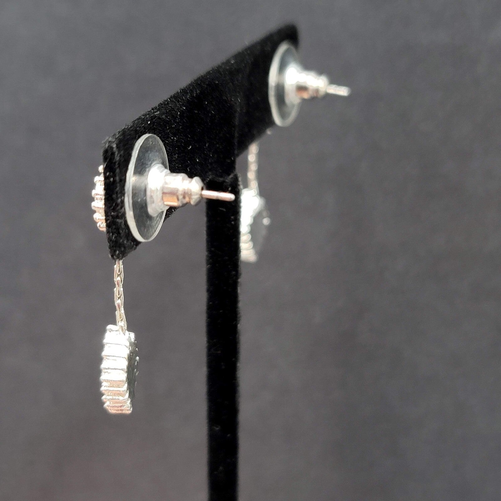 Pierced Earrings Silver tone Brown Enamel Dangle Unique Design  1.25"