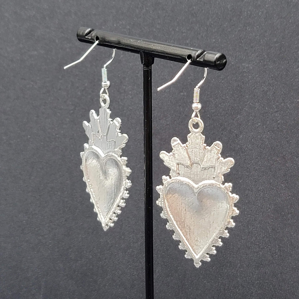New Crown Heart Pierced Earrings Silver tone Red Goth Rock Dangle 1.75"