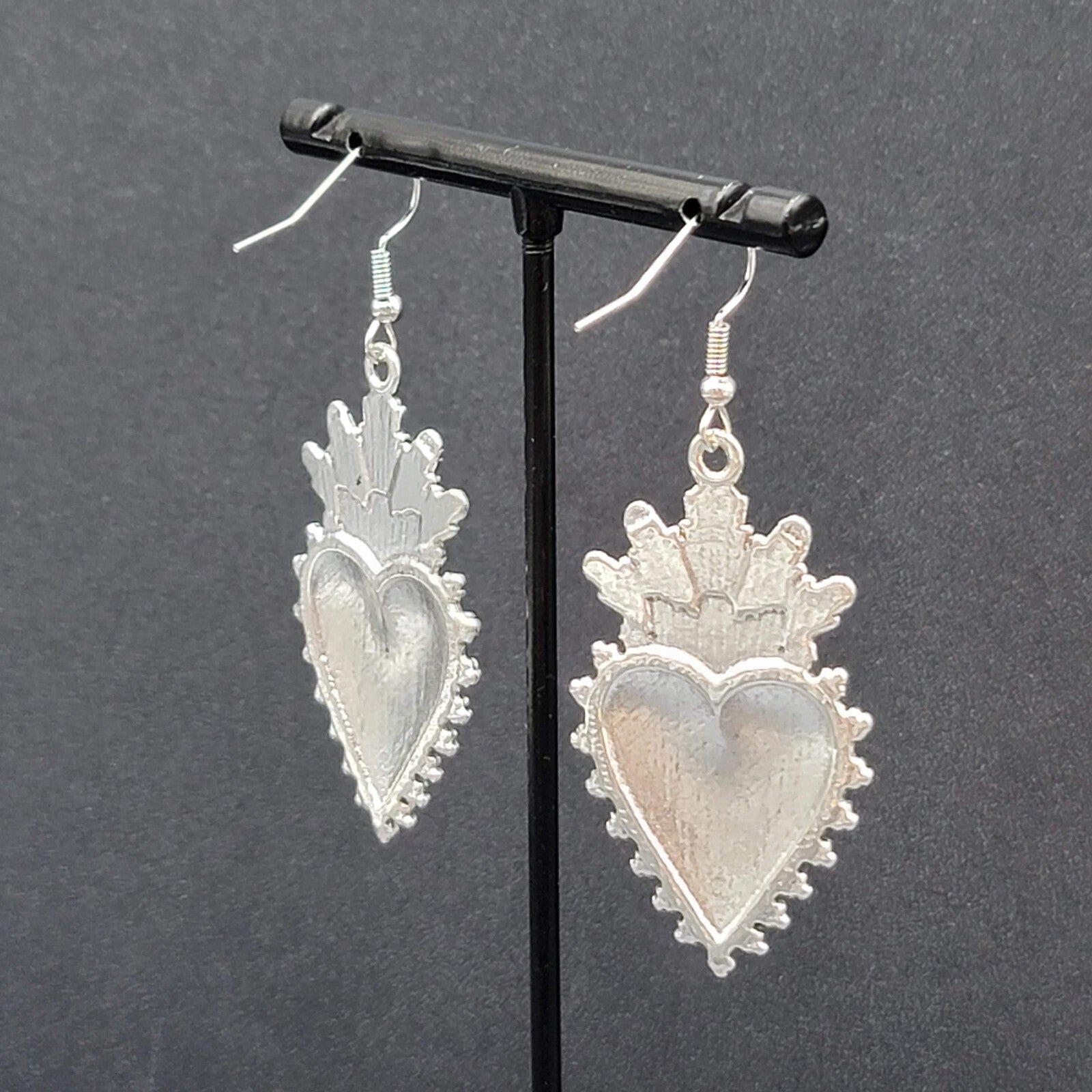 New Crown Heart Pierced Earrings Silver tone Red Goth Rock Dangle 1.75"