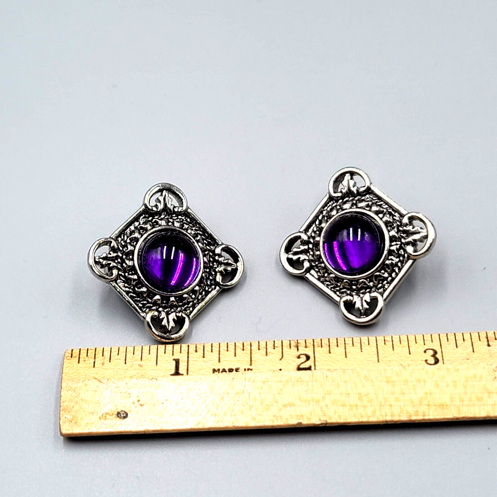 Vintage Translucent Purple Cabochon Clip on Earrings Silver tone 1.25"