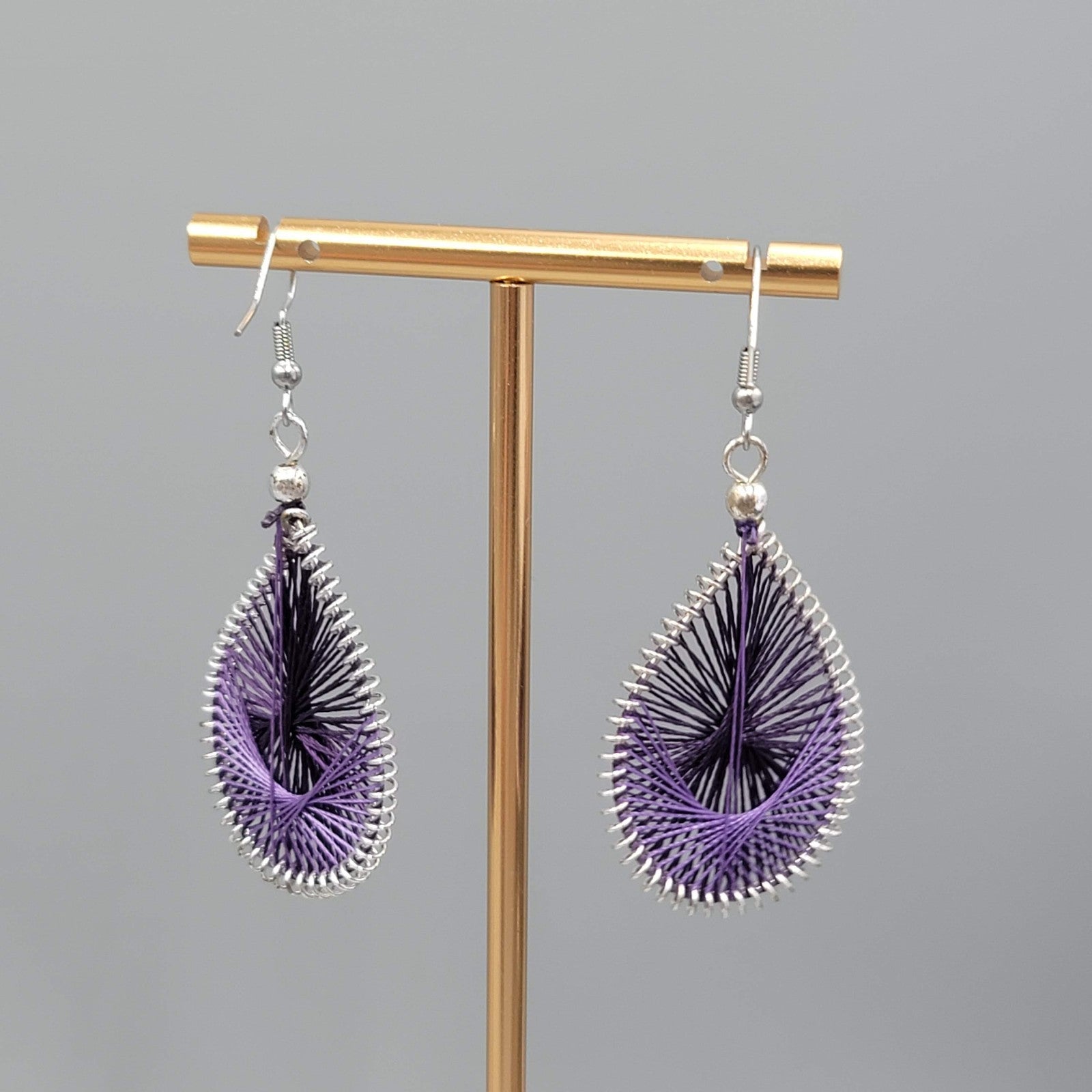 Purple String Art Pierced Earrings Silver tone Dangle 1.75 in
