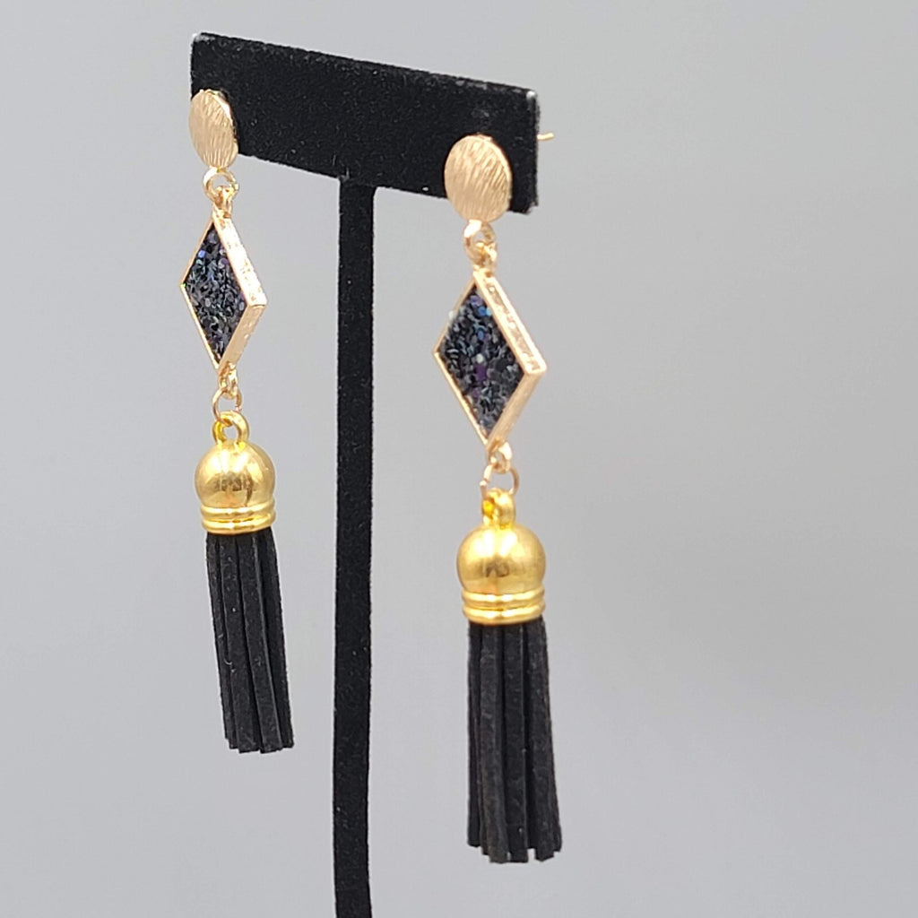 Black Tassel Pierced Earrings Gold tone Dangle 3"