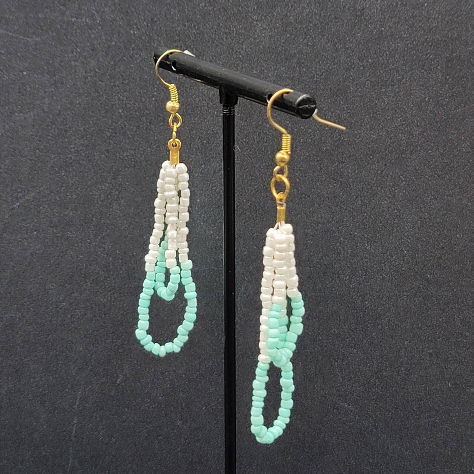 Pierced Earrings White Mint Green Seed Bead Dangle Loops 2.25"