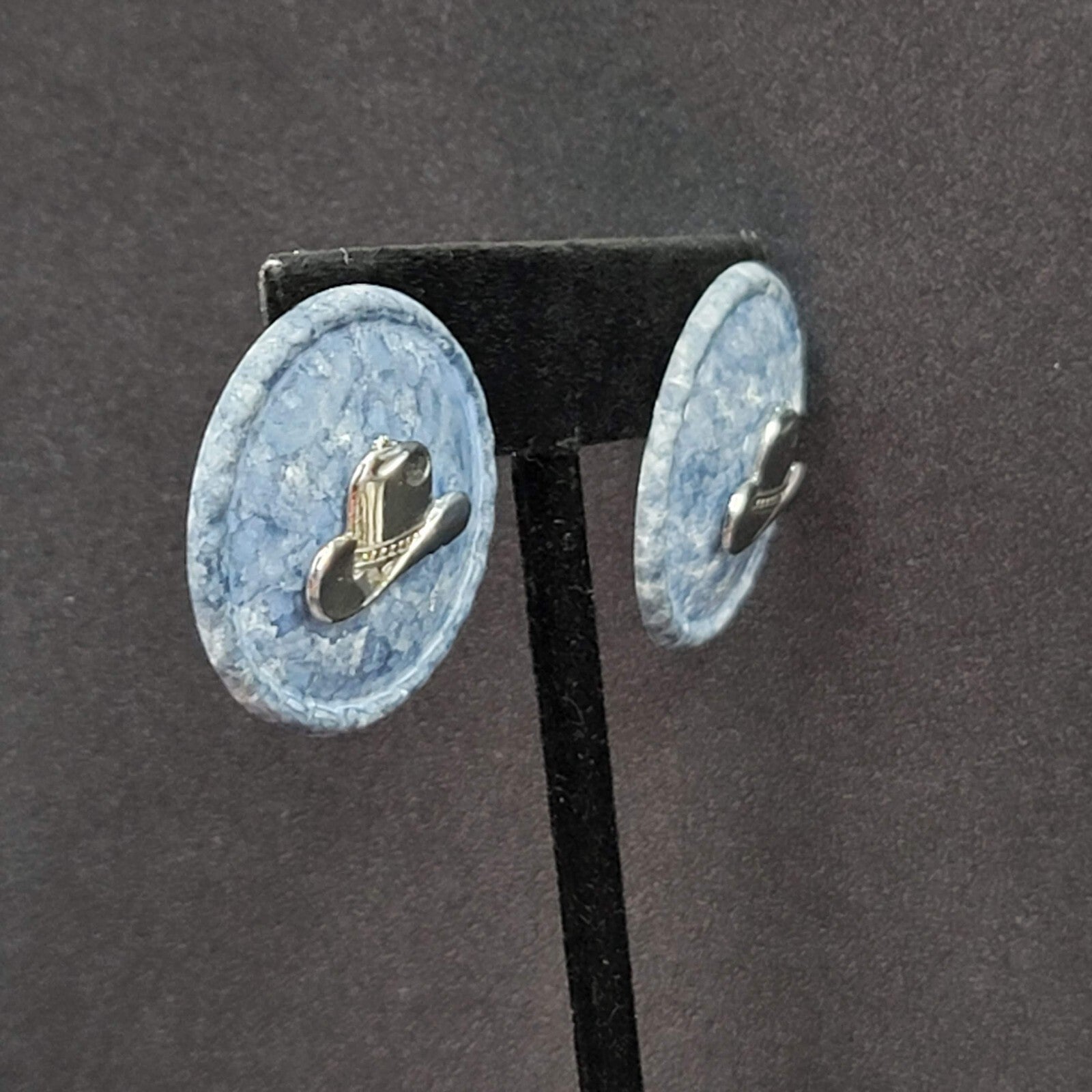 Vintage Pierced Earrings Blue Disc Western Cowboy Hat Silver tone 1 1/8"