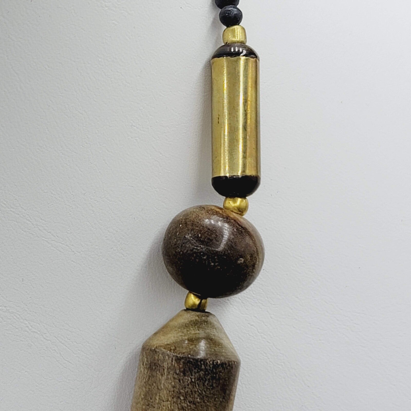 Safari TURTLE Carved Wood Beaded Brass Necklace Vintage 21"