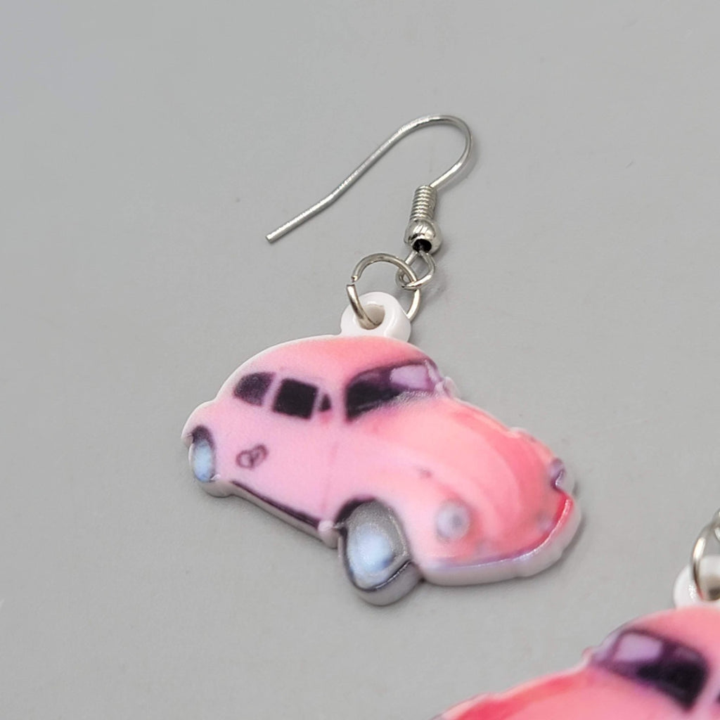 Pink Car Pierced Earrings Silver tone Dangle  1"