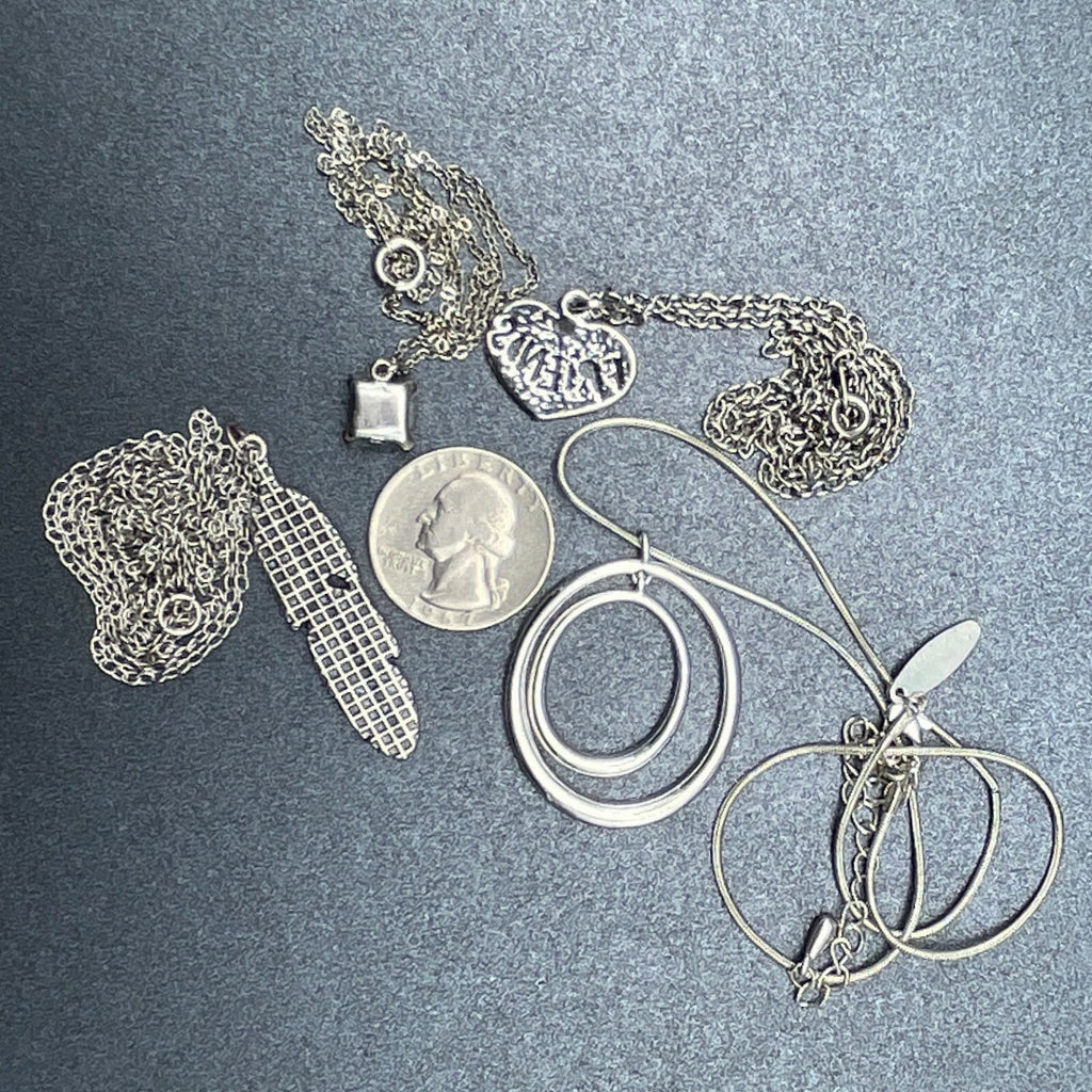 Lot of 4 Silver tone Chain Pendant Necklaces Feather Friends Blue Stone Circles