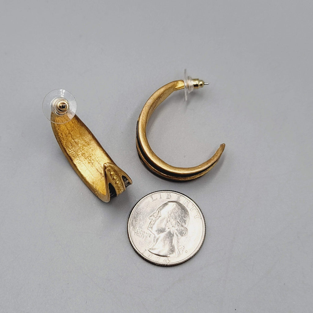 Hoop Pierced Earrings Brushed Gold Plated Black Enamel Drop 1.25"