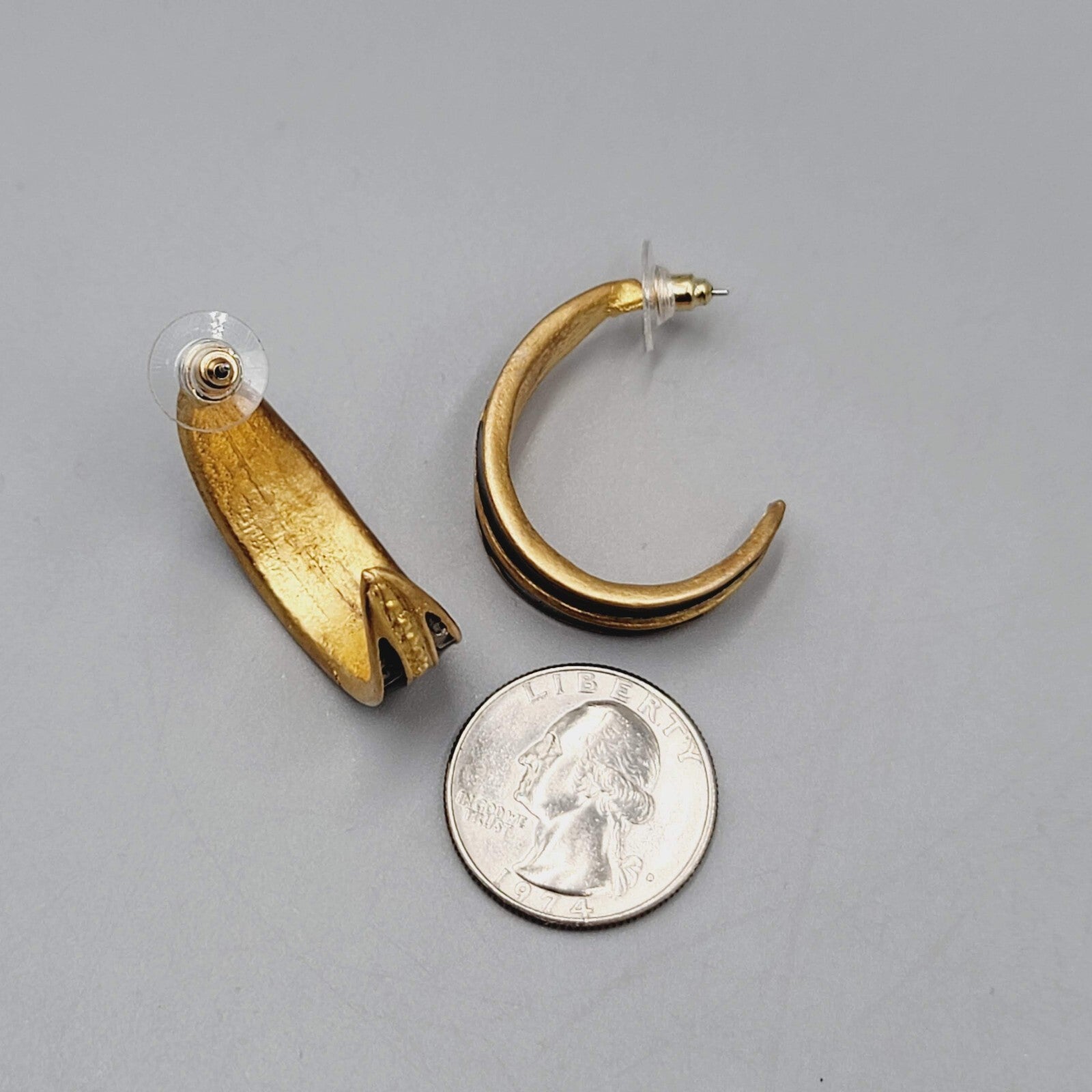 Hoop Pierced Earrings Brushed Gold Plated Black Enamel Drop 1.25"