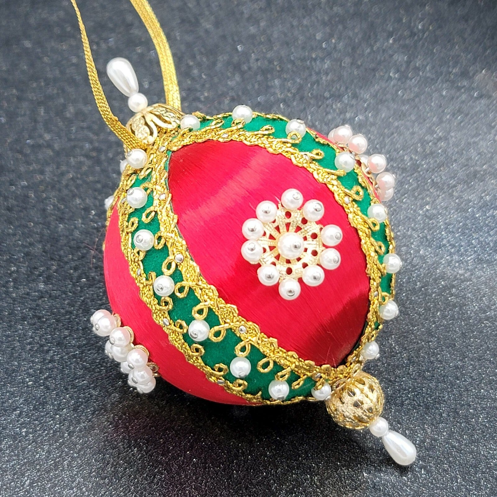 Vintage Red Spun Satin Pearl Push Pin Christmas Ornament Velvet Ribbon Beads 4"