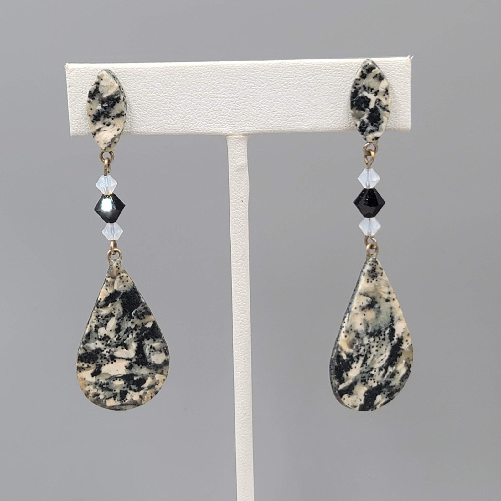 Long Pierced Earrings Gray Black Beaded Teardrop Dangle Signed 2 5/8"