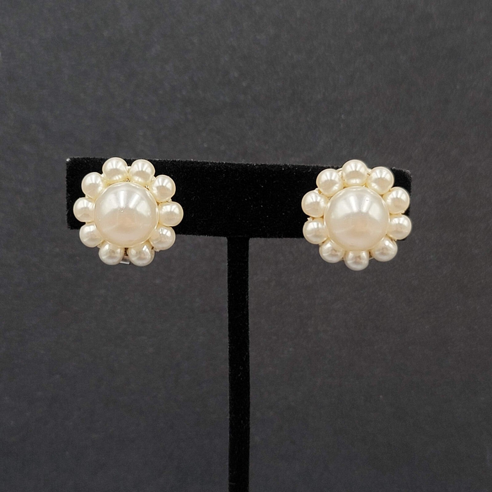 Vintage Clip on Earrings White Acrylic Cluster Bead Estate 7/8"