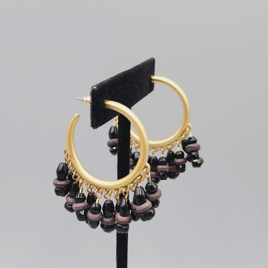 Beaded Hoop Pierced Earrings Hoops Gold tone Dangle 1.75"