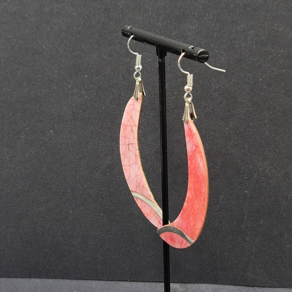 Vintage Pierced Earrings Silver tone Pink Mother of Pearl Inlay Statement 2.75"