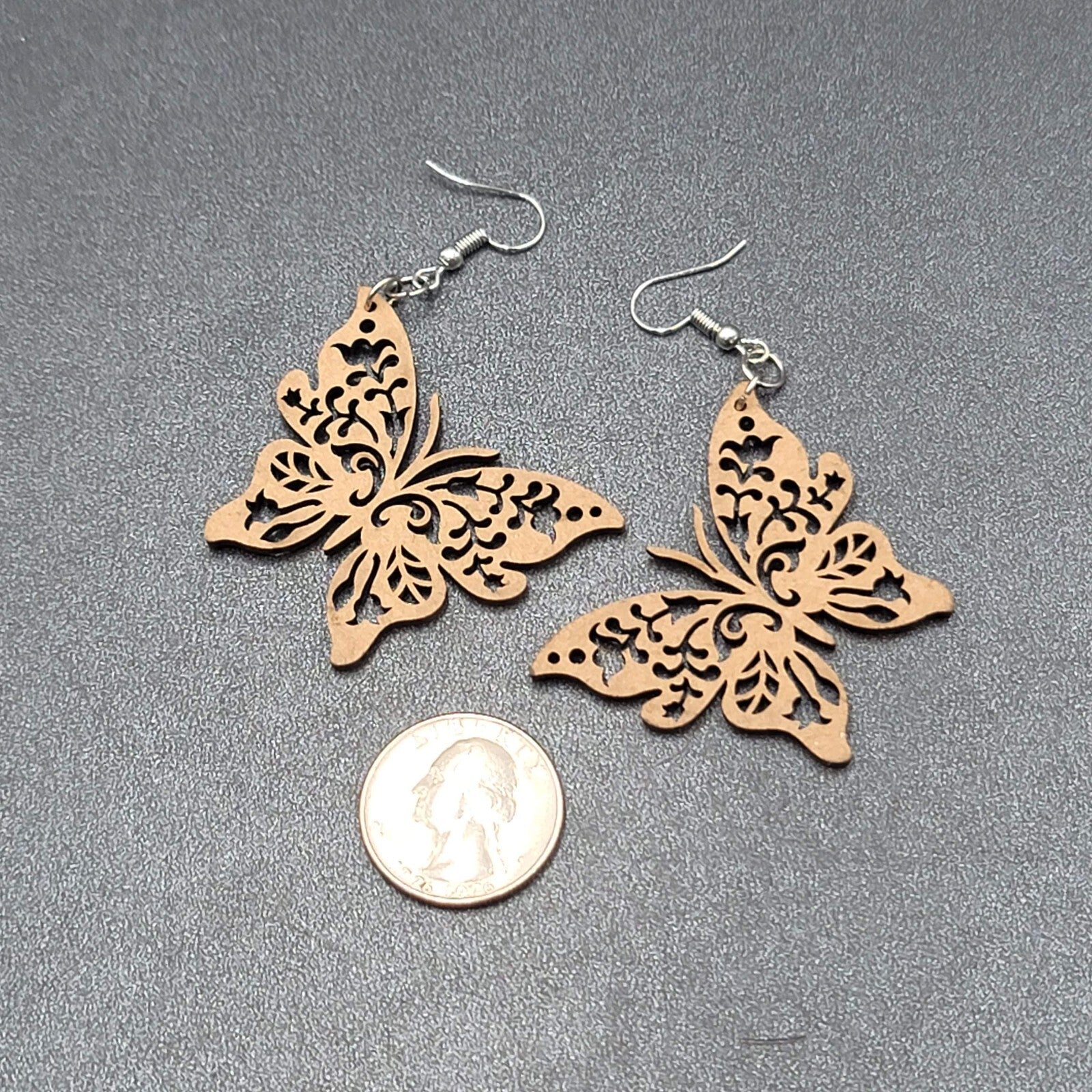 Butterfly Pierced Earrings Laser Cut Wood Dangle Large 2"