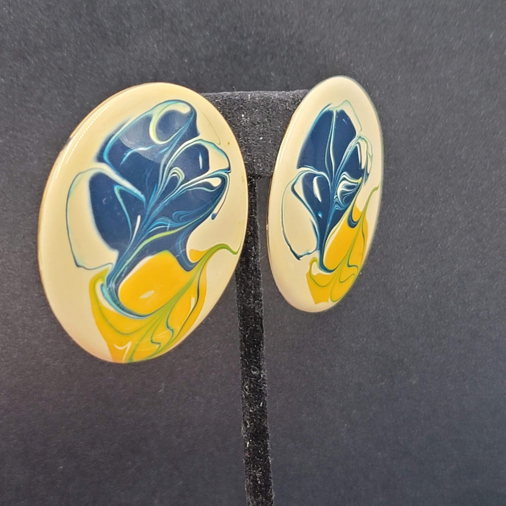 Vintage Pierced Earrings Large Round Yellow Blue Cream Enamel 1.75"