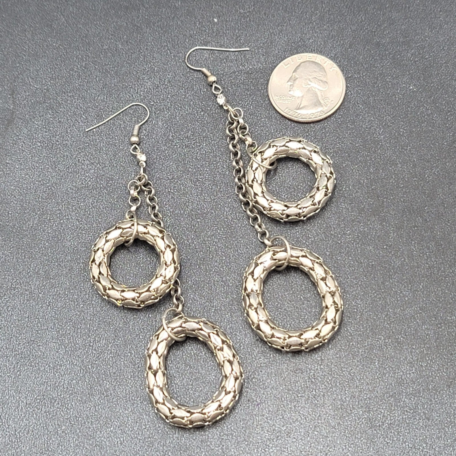Pierced Earrings Silver tone Statement Dangle Chains 3.25"