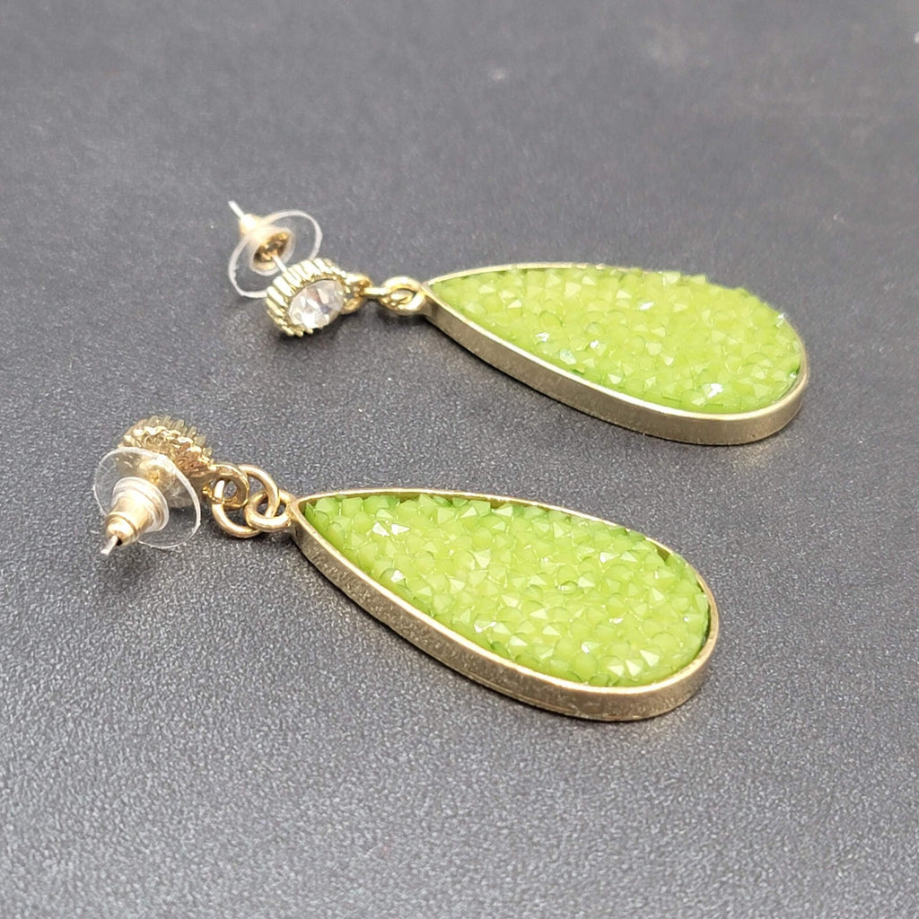Pierced Earrings Gold tone Green Druzy Style Statement Dangle 2.25"