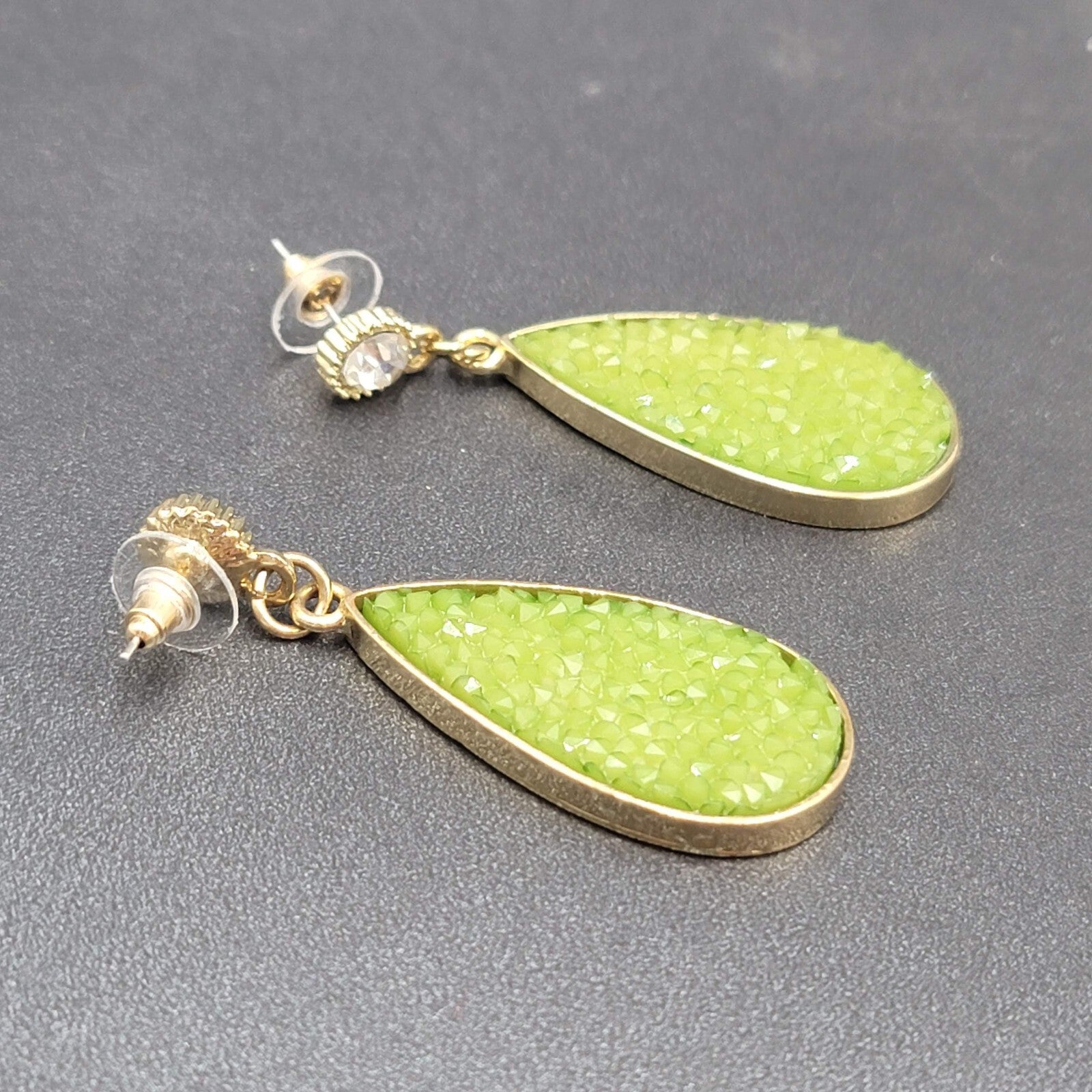 Pierced Earrings Gold tone Green Druzy Style Statement Dangle 2.25"