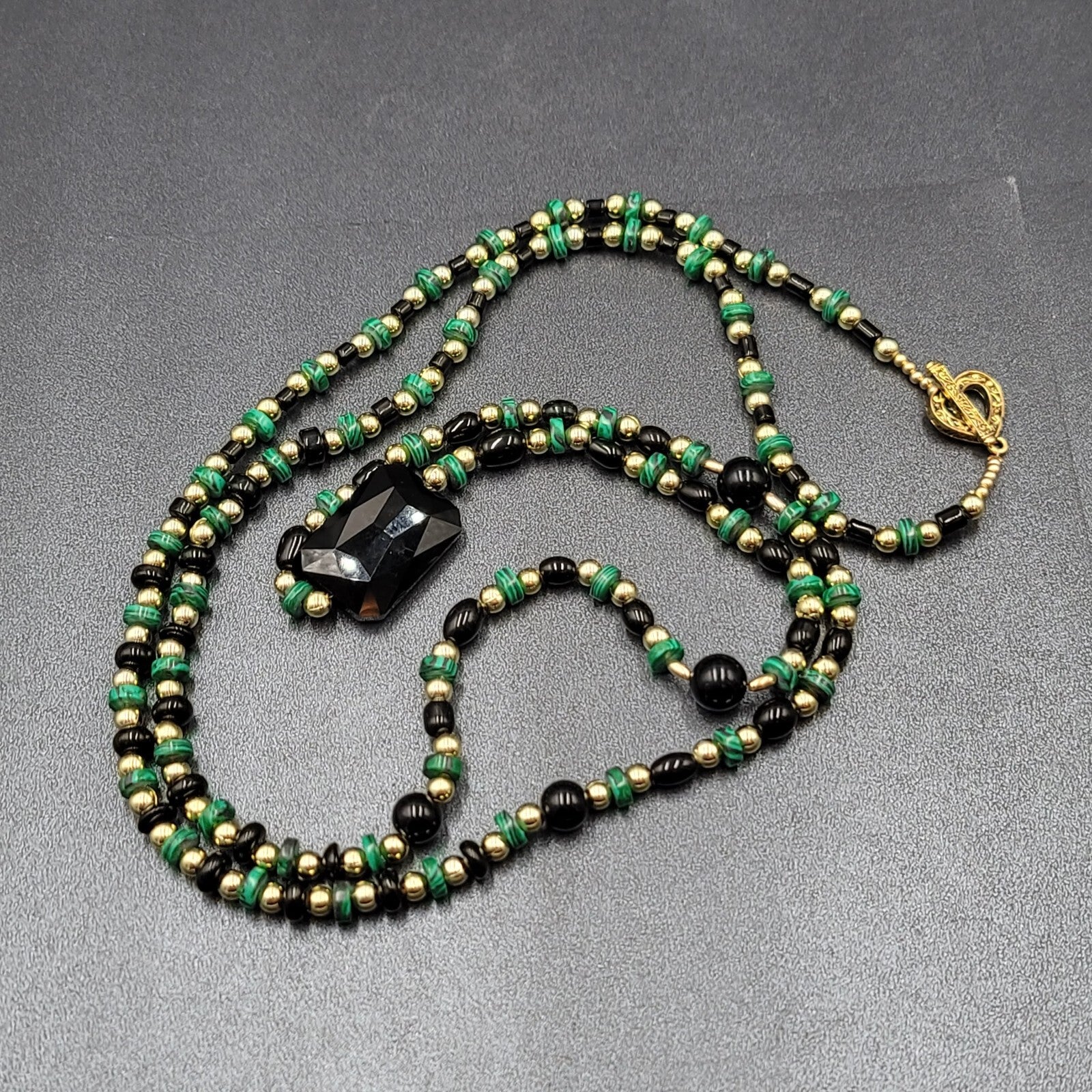 Beaded Necklace Gold tone Faux Malachite Bracelet Earrings Set Jewelry Set 52"