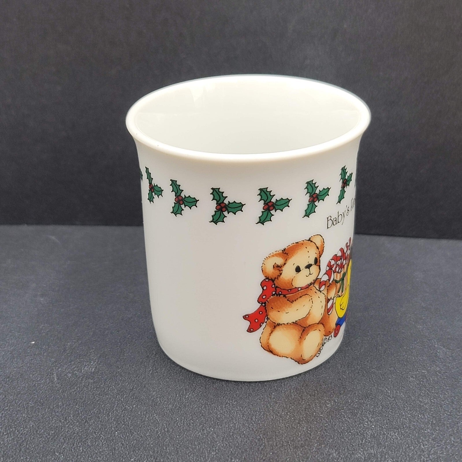 Vintage Enesco Babys First Christmas Cup Mug 1985 lucy and me Bears Holly 2.5"
