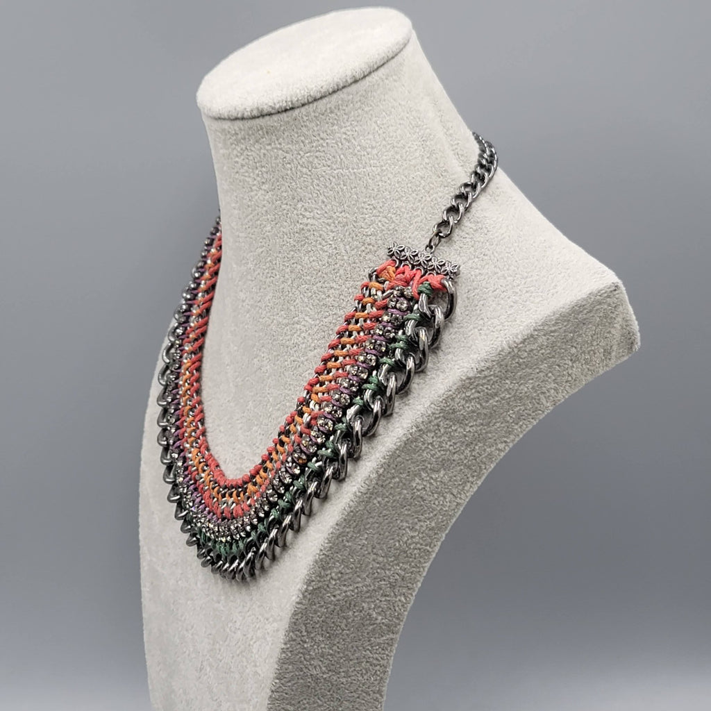 Chain Bib Necklace Rhinestone Red Orange Purple Green 16"-18"
