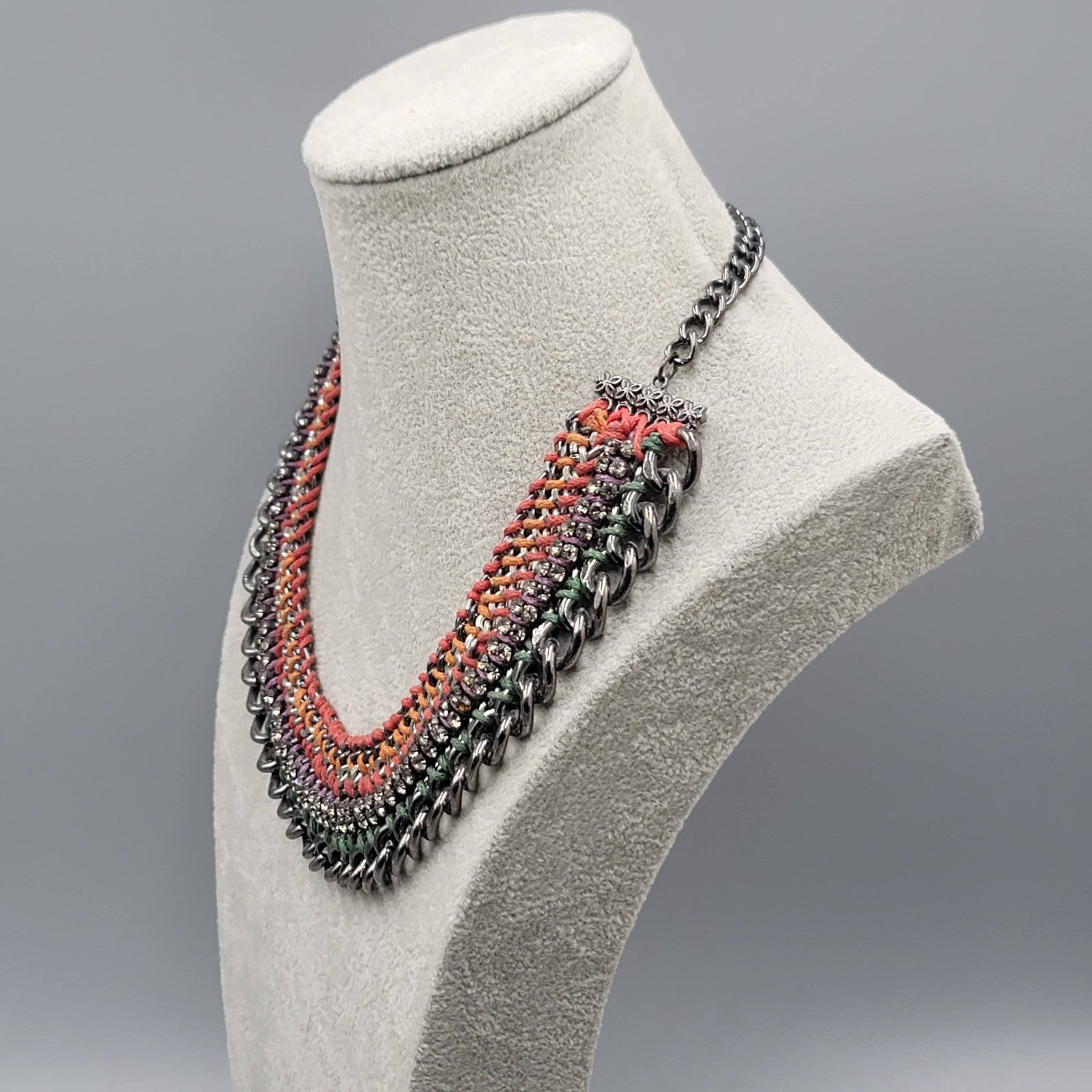 Chain Bib Necklace Rhinestone Red Orange Purple Green 16"-18"