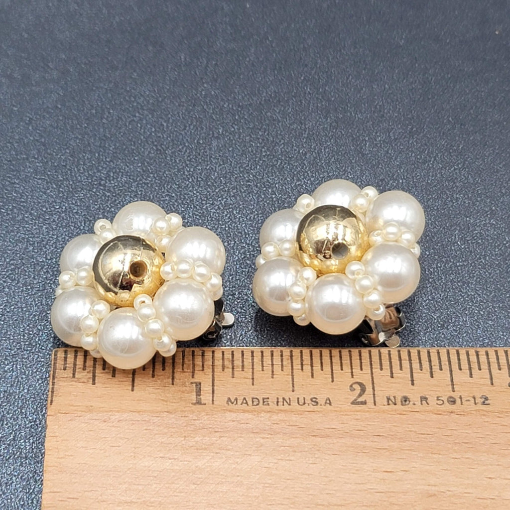 Vintage Clip on Earrings Gold tone Faux Pearl Cluster Flower 1 1/8" Lightweight