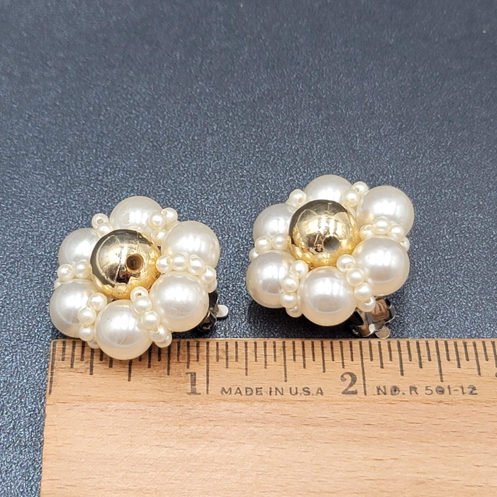 Vintage Clip on Earrings Gold tone Faux Pearl Cluster Flower 1 1/8" Lightweight