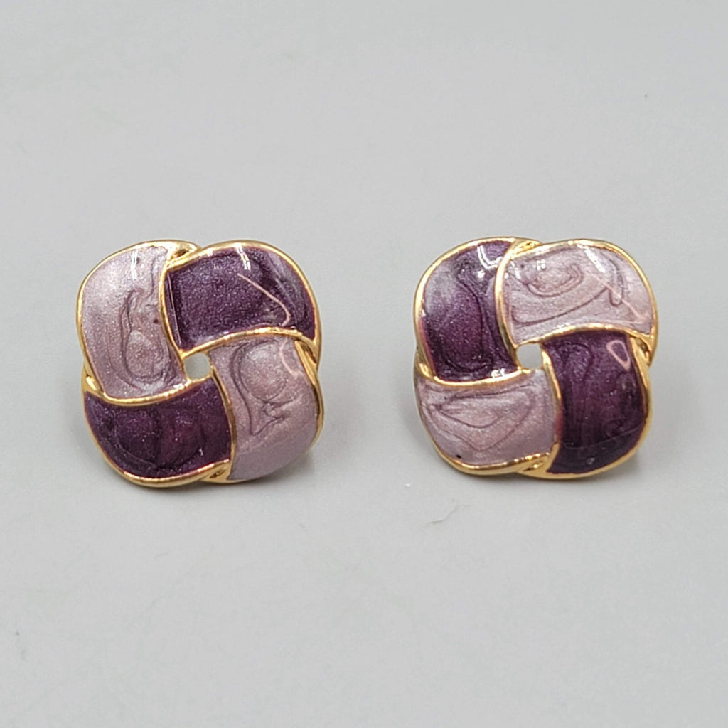 Vintage Purple Enamel Pierced Earrings Square Knot Drop 7/8"