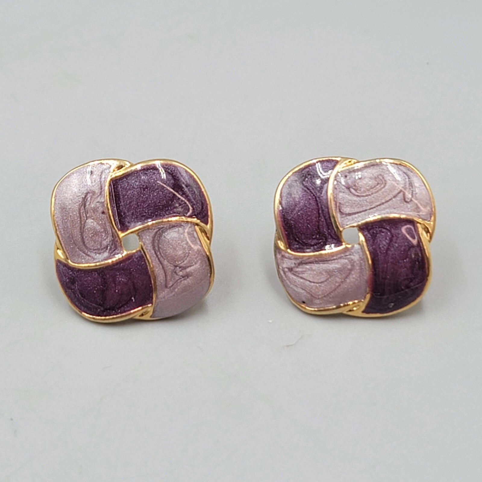 Vintage Purple Enamel Pierced Earrings Square Knot Drop 7/8"