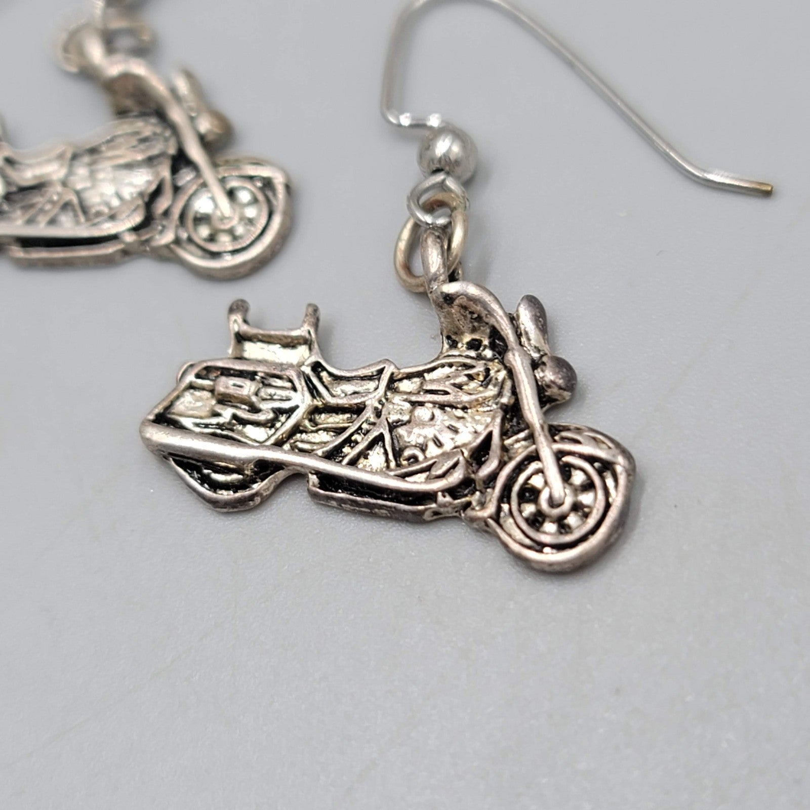 Motorcycle Pierced Earrings Silver tone Dangle 3/4"