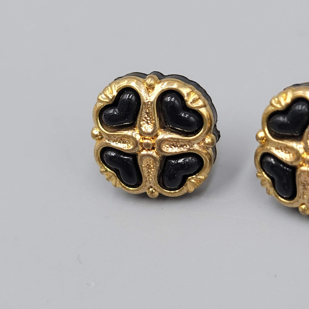 Vintage Stud Pierced Earrings Black and Gold tone  1/2"