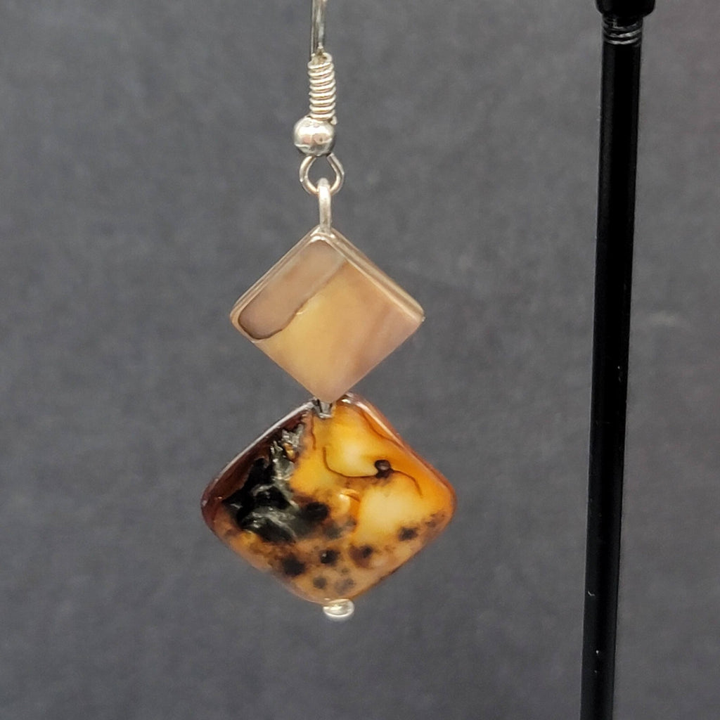 Pierced Earrings Silver tone Dyed Brown Shell Square Beads Dangle 1 3/8"