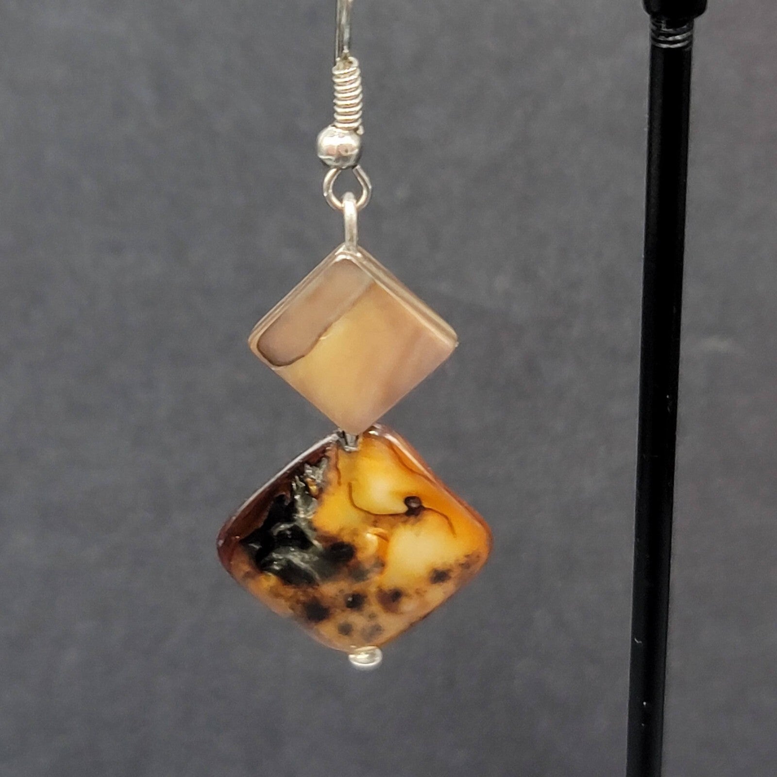 Pierced Earrings Silver tone Dyed Brown Shell Square Beads Dangle 1 3/8"