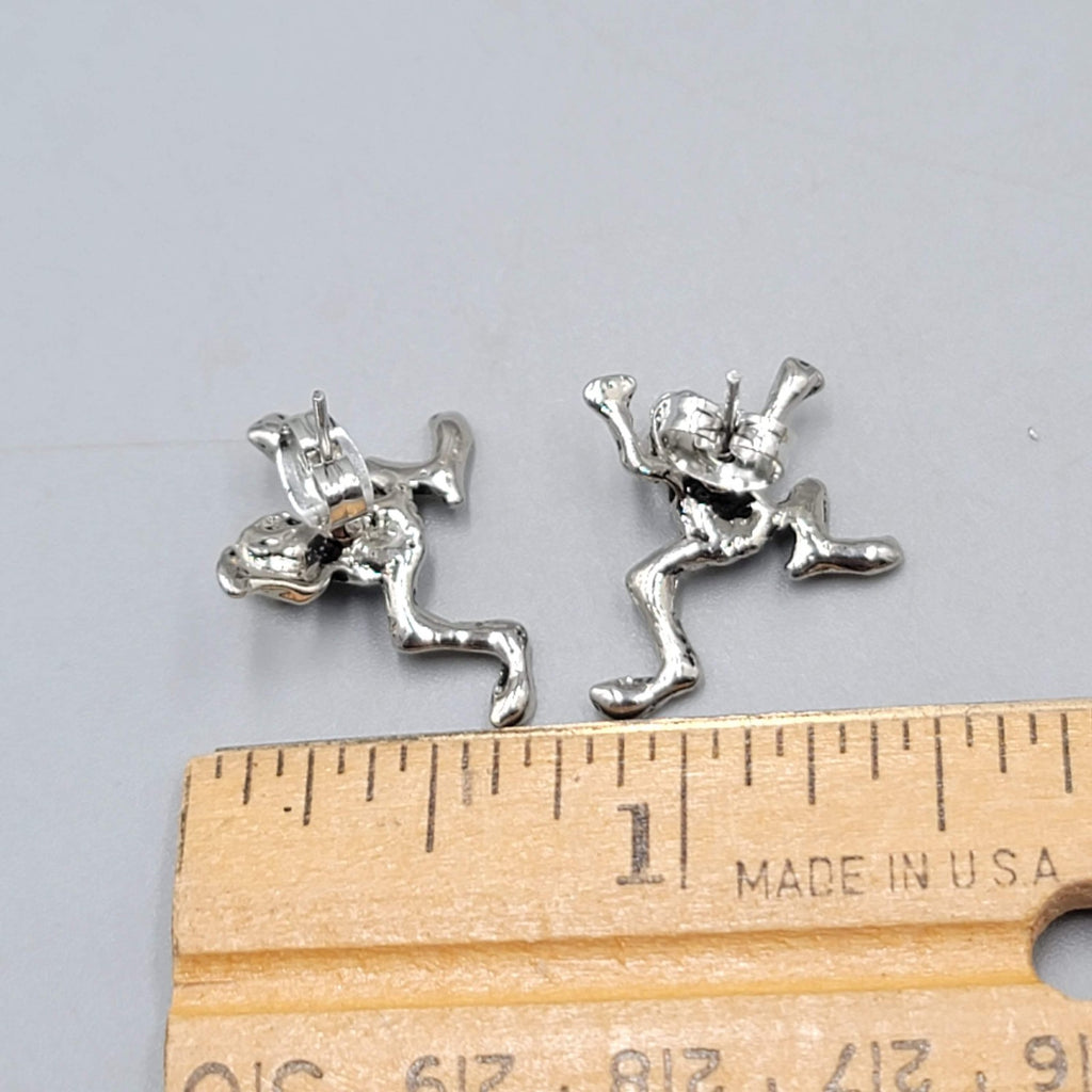 Frog Stud Pierced Earrings Silver tone Oxsidized 5/8 in