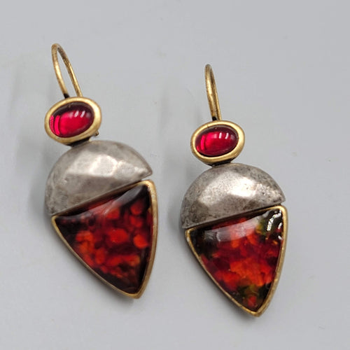 Chicos Pierced Earrings Two toned Red Rhinestone Drop 1 1/8"
