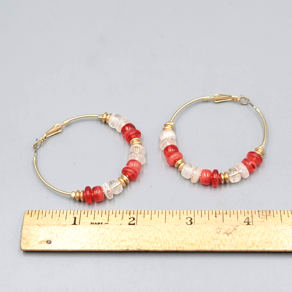 Red White Bead Pierced Earrings Gold tone Hoops 2"
