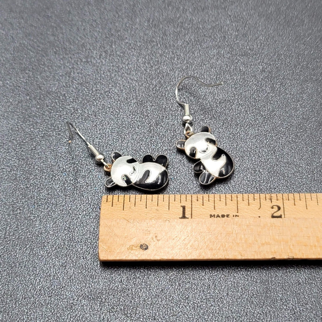 Panda Sterling Silver Pierced Earrings Enamel Dangle 3/4"