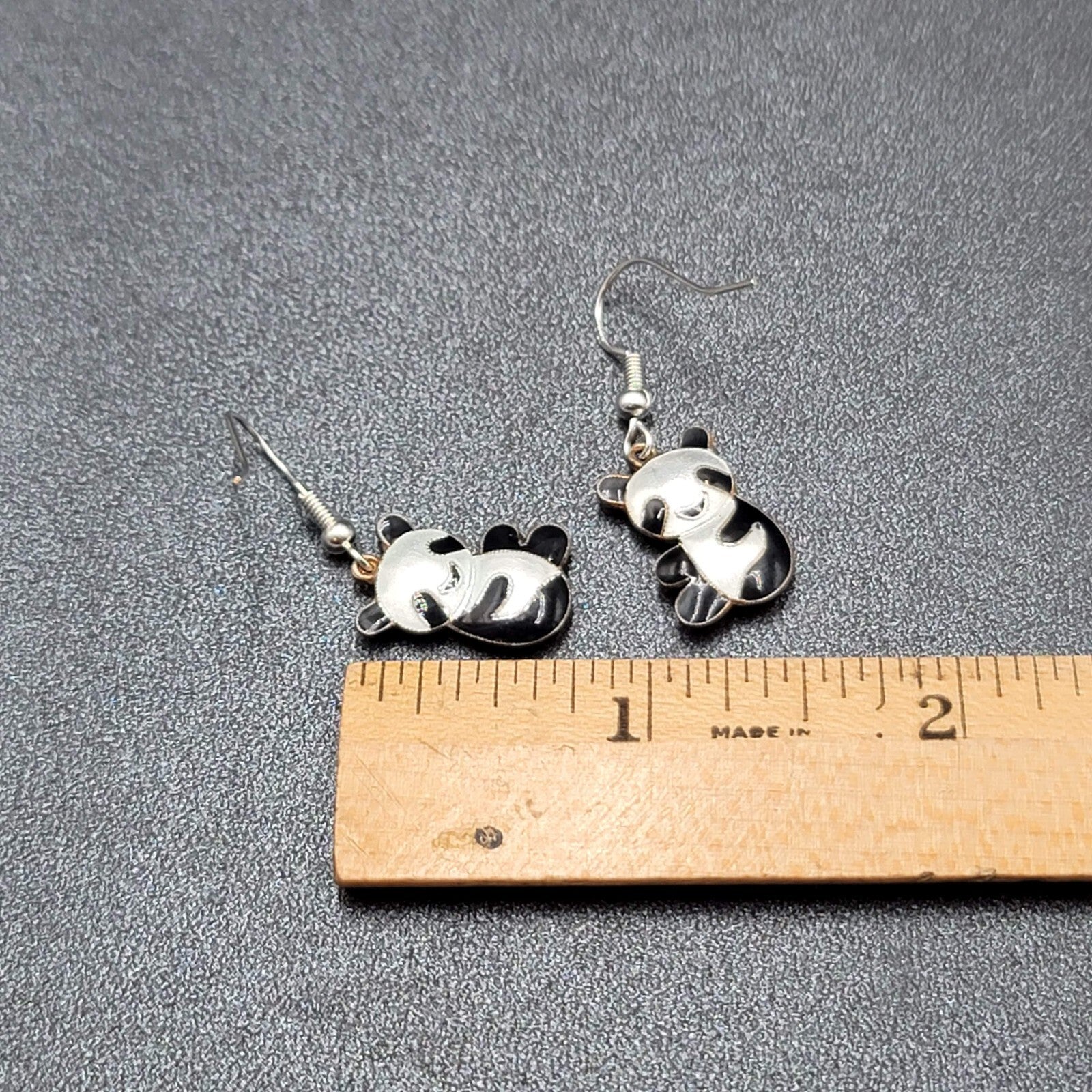 Panda Sterling Silver Pierced Earrings Enamel Dangle 3/4"